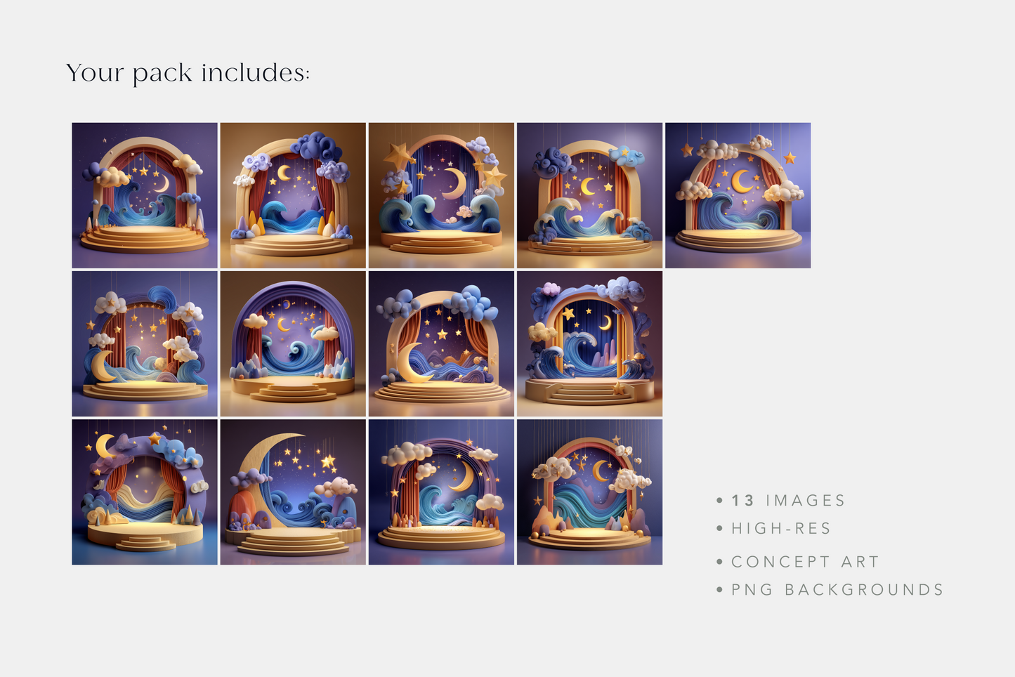 Grid of 13 concept art images with celestial designs on a blue background.