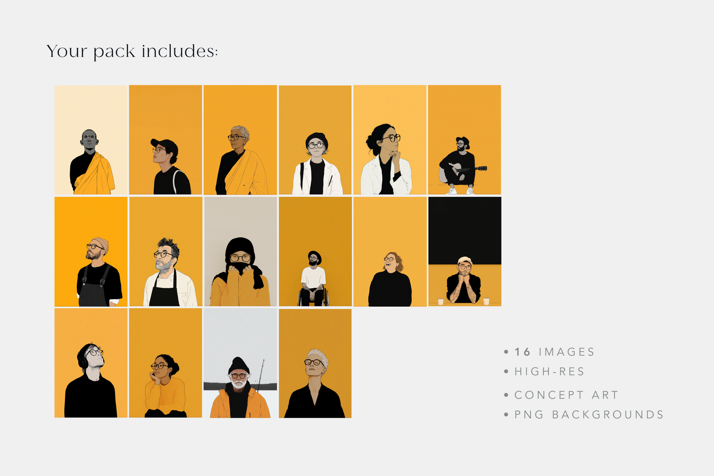 Collection of illustrated people on a yellow background with text indicating pack contents.