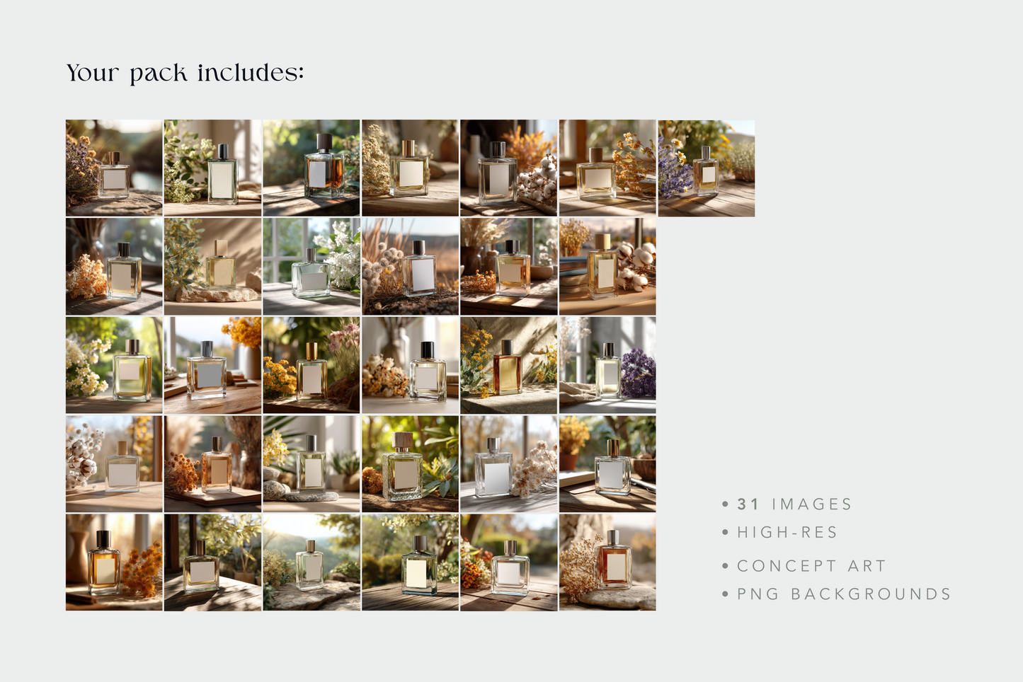 Collage of 31 images with product on a light gray background, labeled as concept art and no backgrounds.