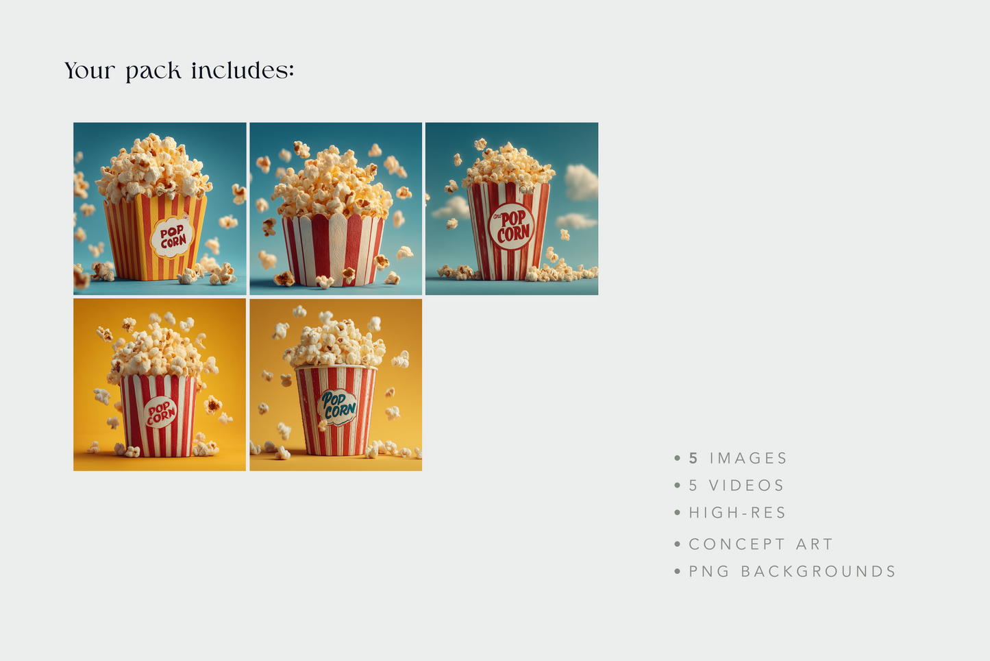 Packaging design with popcorn buckets and 'Pop Corn' text on a white background