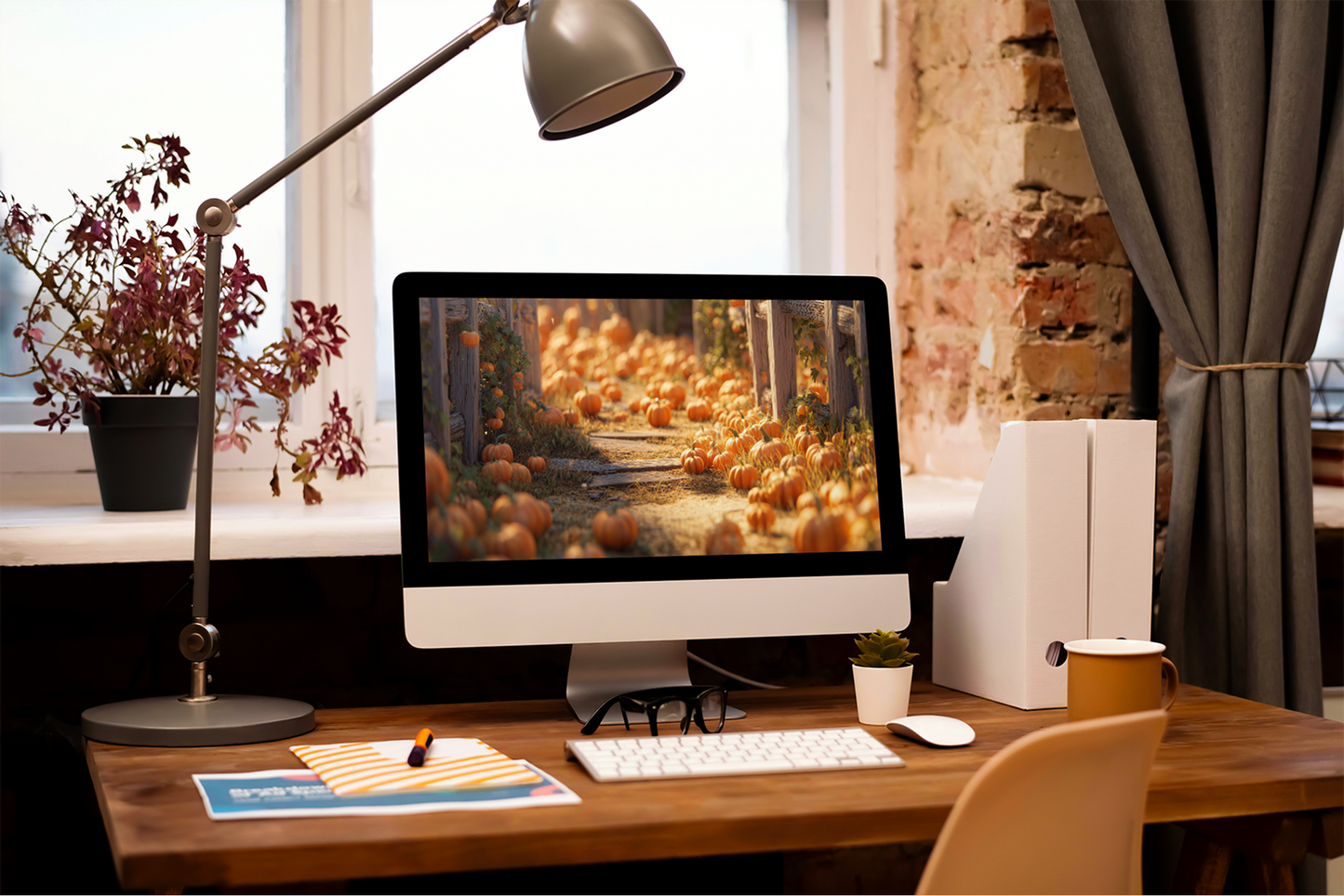 Home office desk with computer monitor, lamp, and decor.