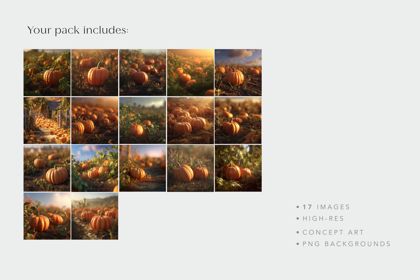 Grid of pumpkin images with a description of what's included in the pack.