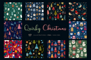 Collection of Quirky Christmas illustrations with various patterns on a dark background.