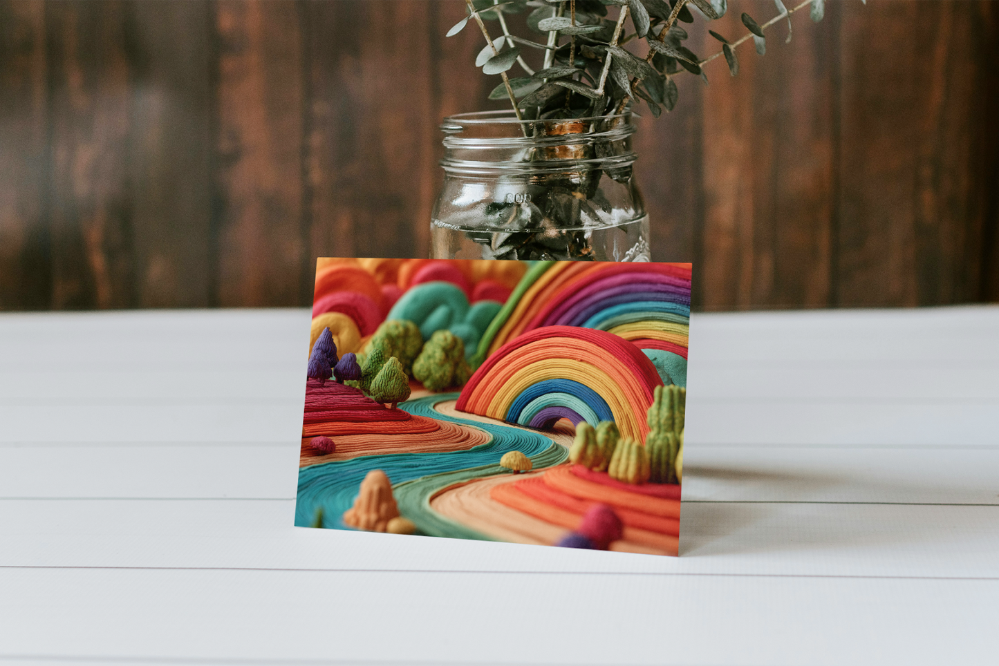 Colorful landscape card with a jar of plants on a wooden surface