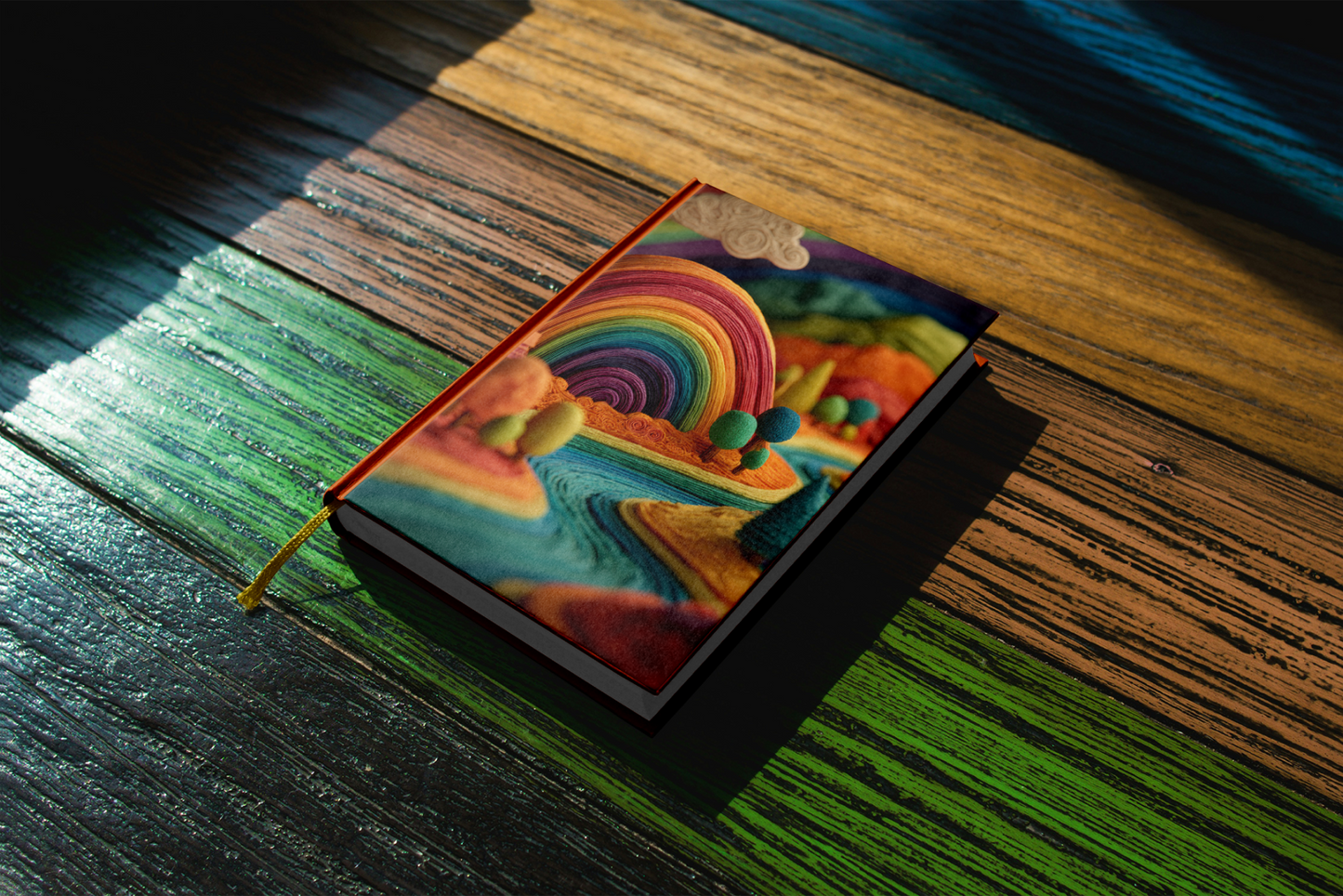 Colorful notebook with a rainbow design on a wooden surface