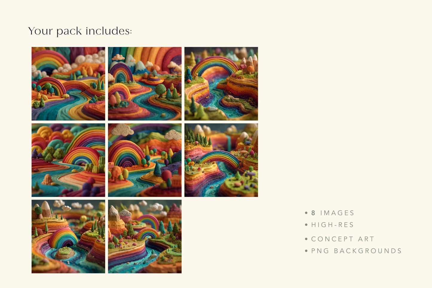Grid of colorful rainbow-themed images on a beige background with text indicating pack contents.
