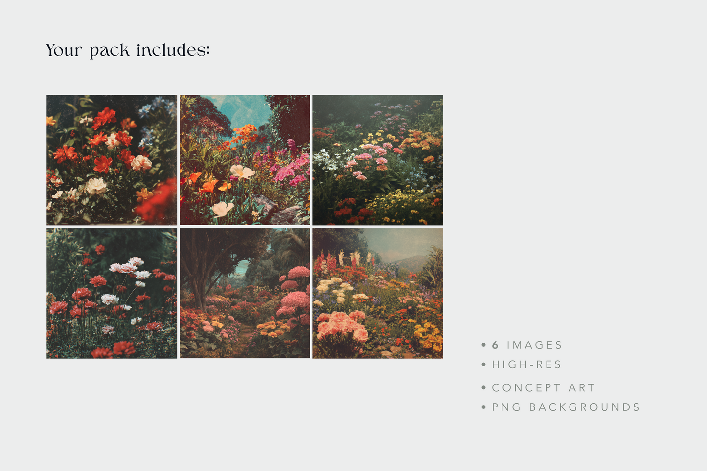 Promotional image of a pack containing six high-resolution images of nature scenes with flowers and landscapes.