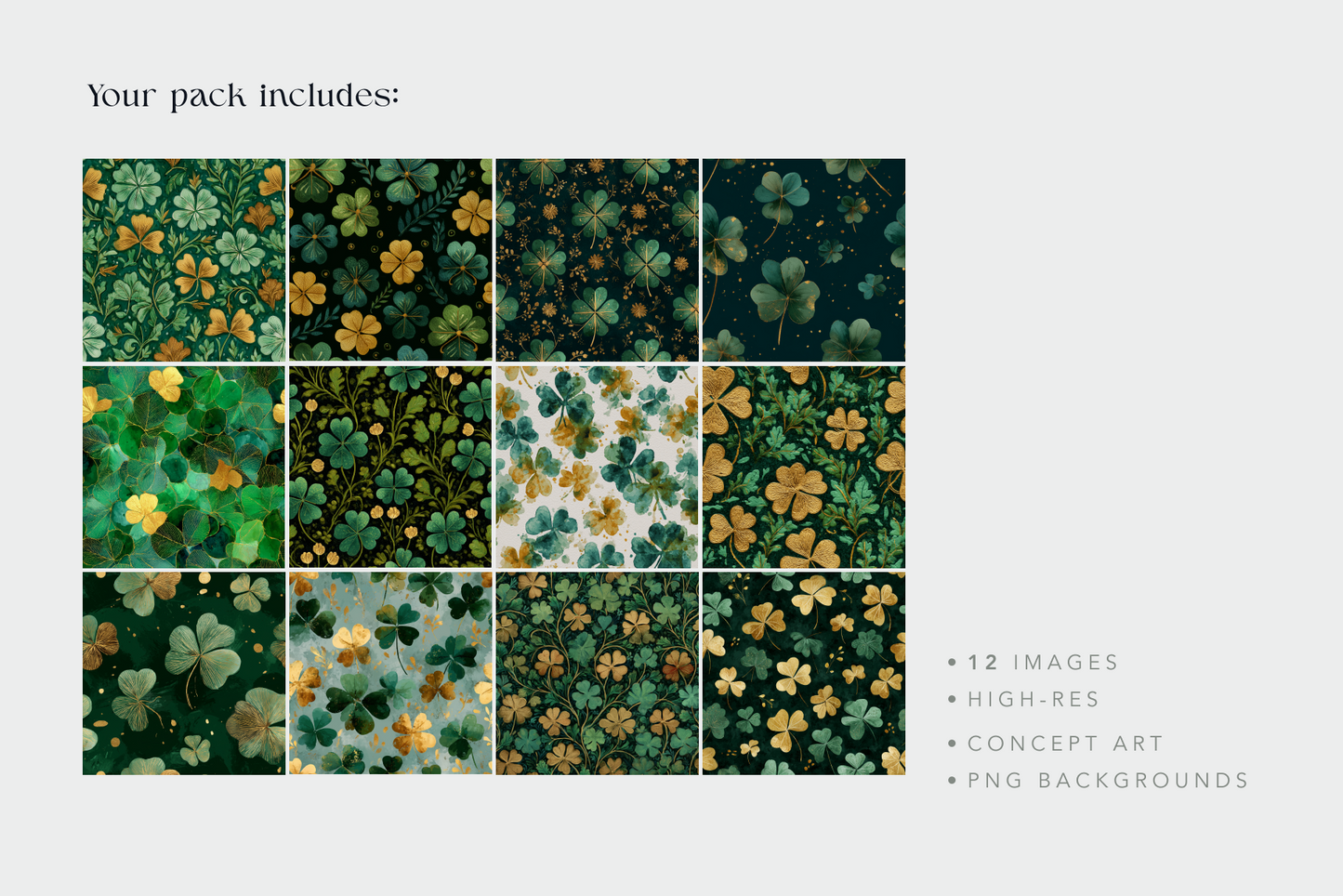 Collection of green and gold clover patterns with text indicating pack contents.