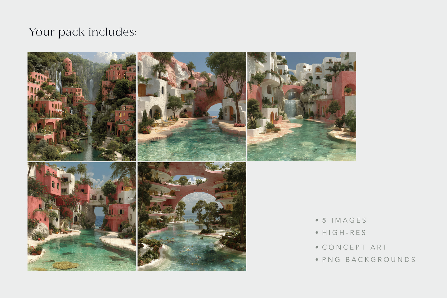 Collage of Mediterranean-style buildings with a pool and greenery on a light gray background.