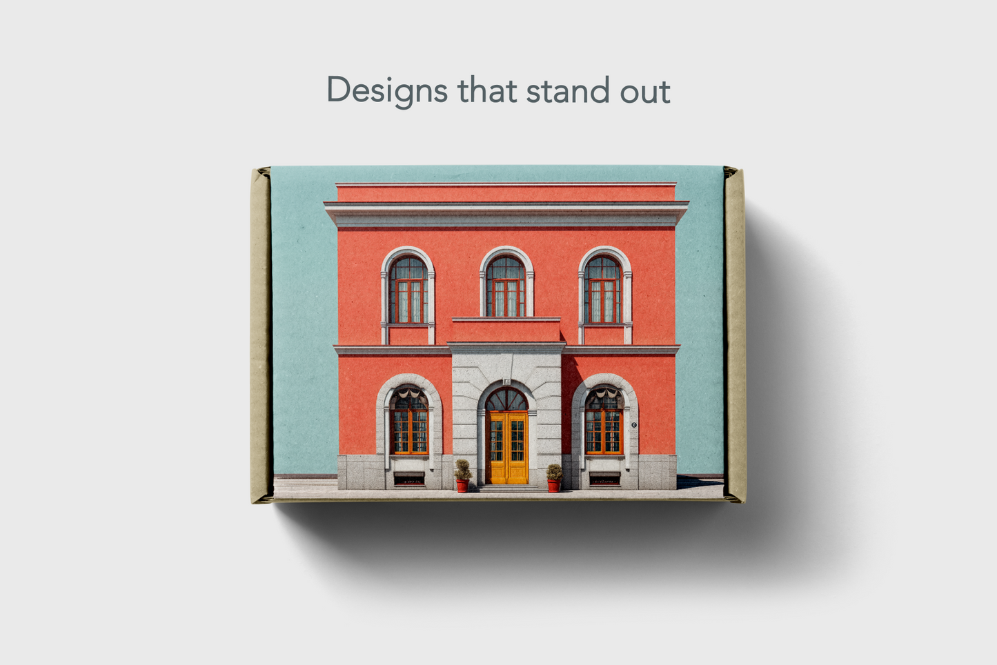 Product packaging with a building illustration on a light gray background