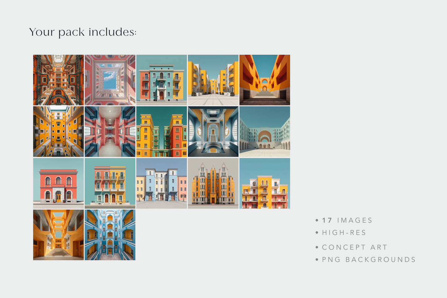 Grid of colorful architectural images with text indicating pack contents.