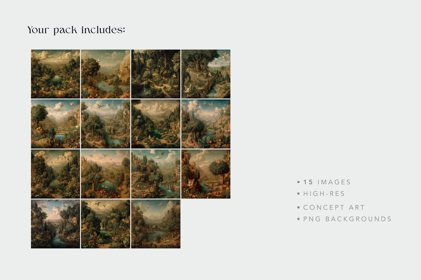 Grid of landscape paintings with descriptive text on a light gray background