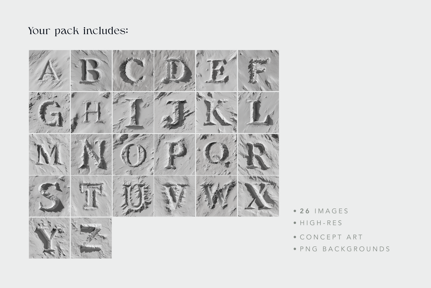 Stylized alphabet letters arranged in a grid on a light gray background.