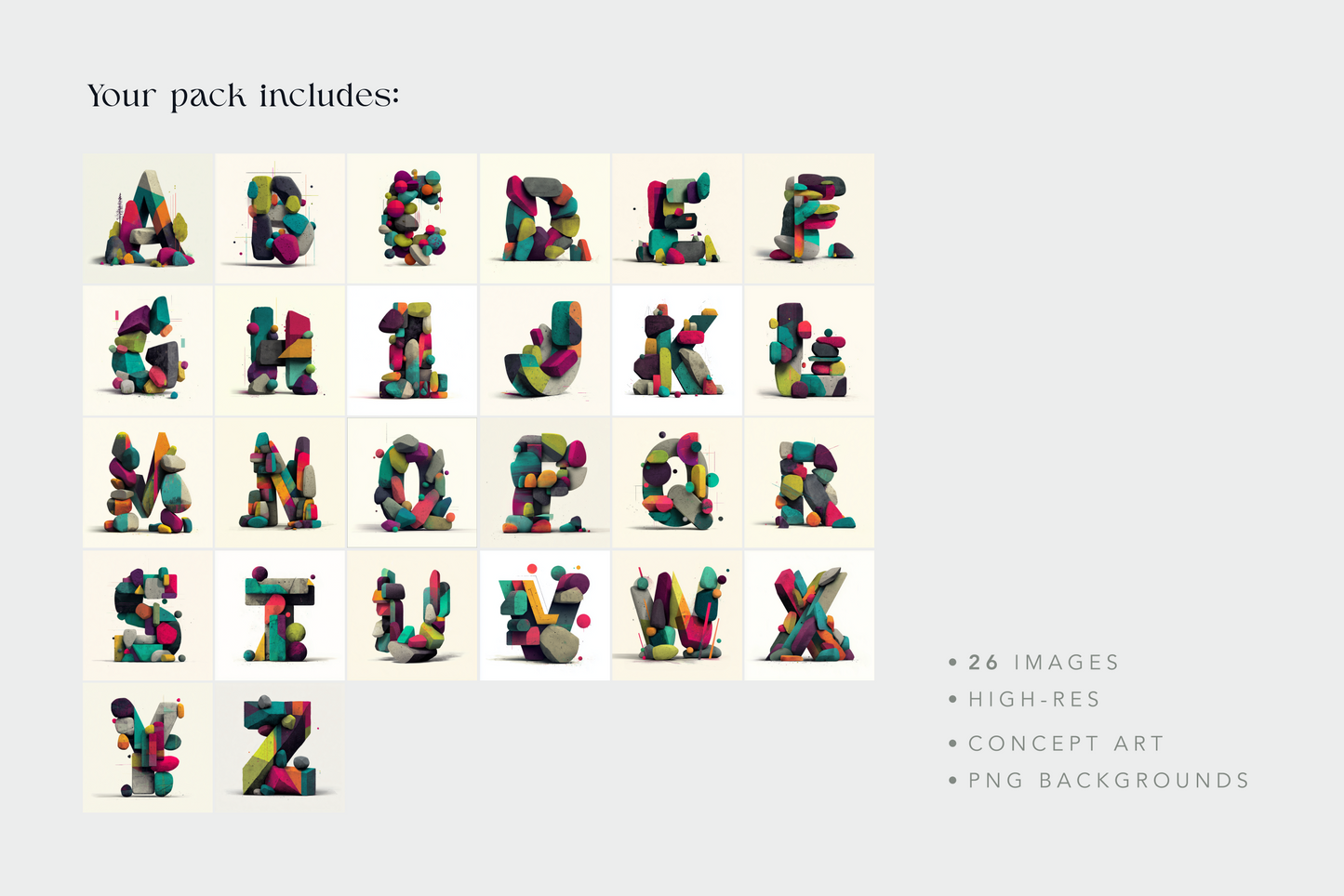 Colorful 3D letter display with text on a light gray background