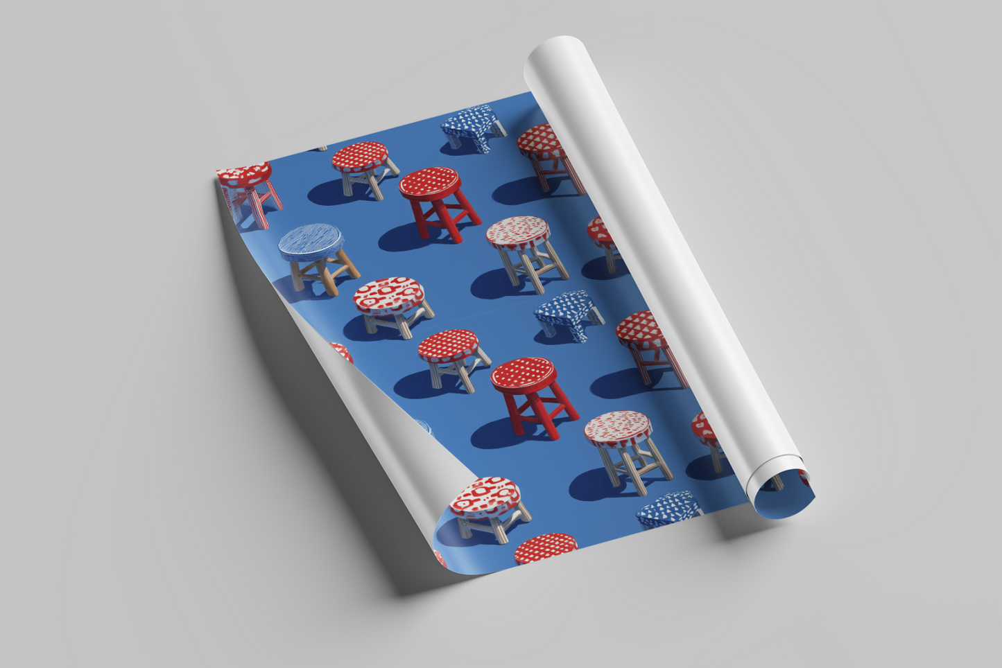 Roll of wrapping paper with a pattern of stools and tables on a blue background