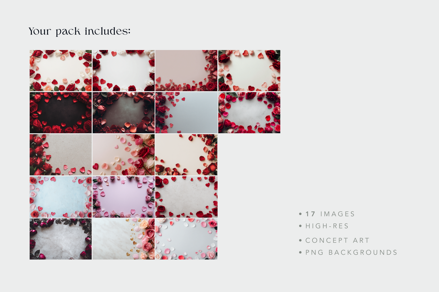 Grid of heart-shaped background images with text indicating the pack includes 17 high-res PNG backgrounds.