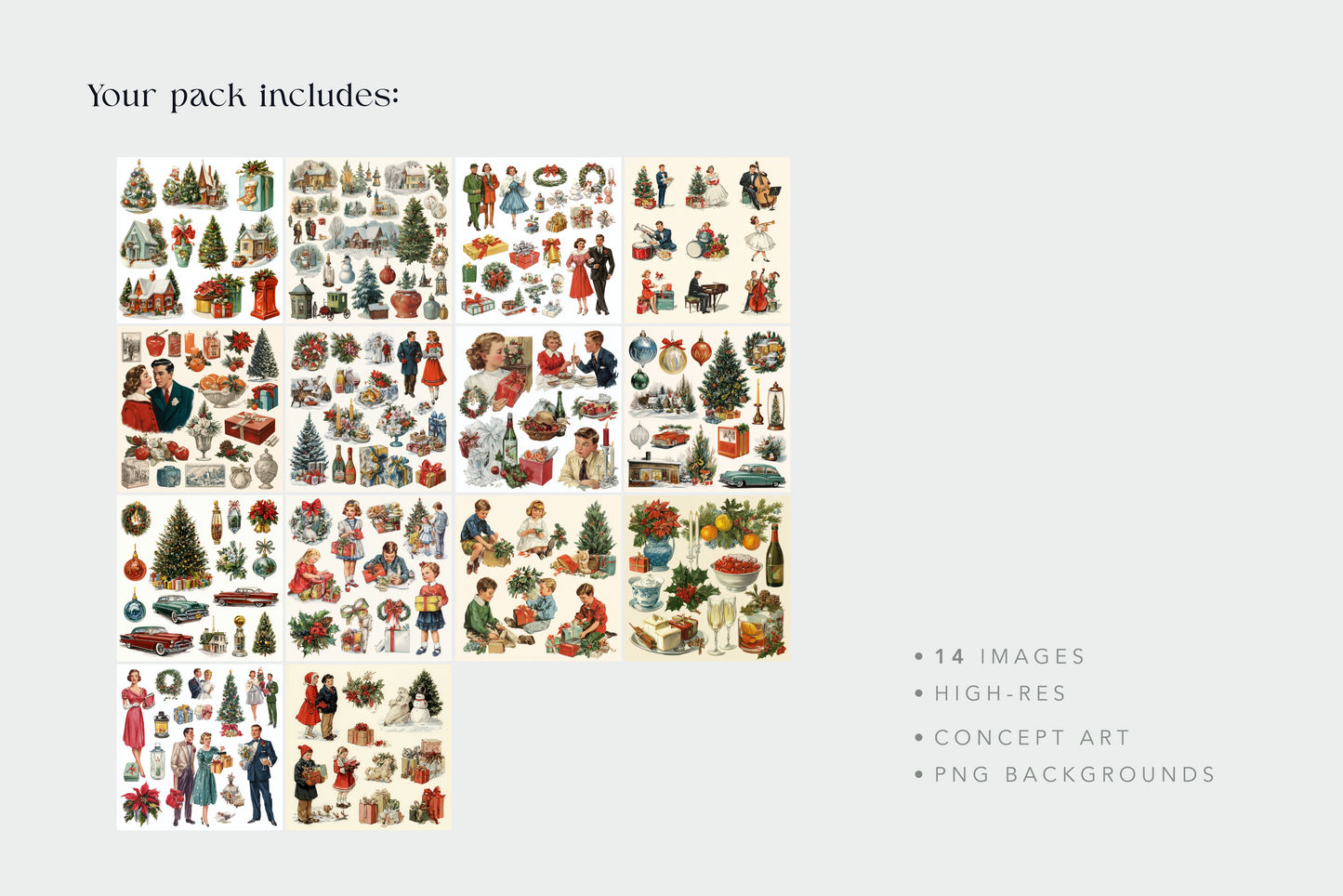 Collection of vintage-style Christmas illustrations on a white background with text indicating the pack contents.