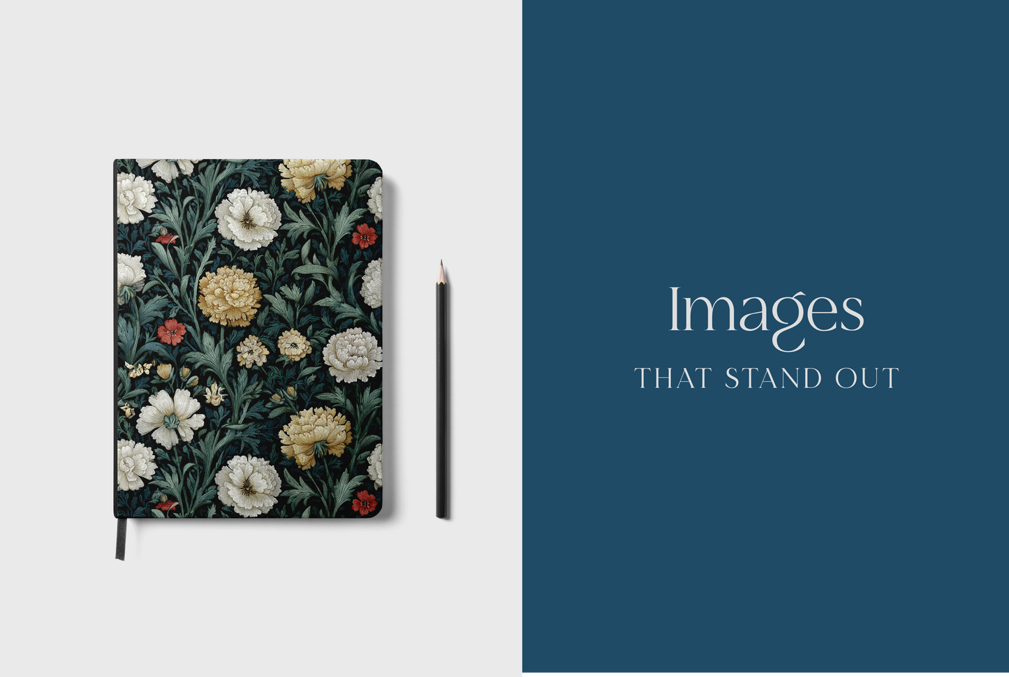 Floral notebook on a white background with 'Images That Stand Out' text.