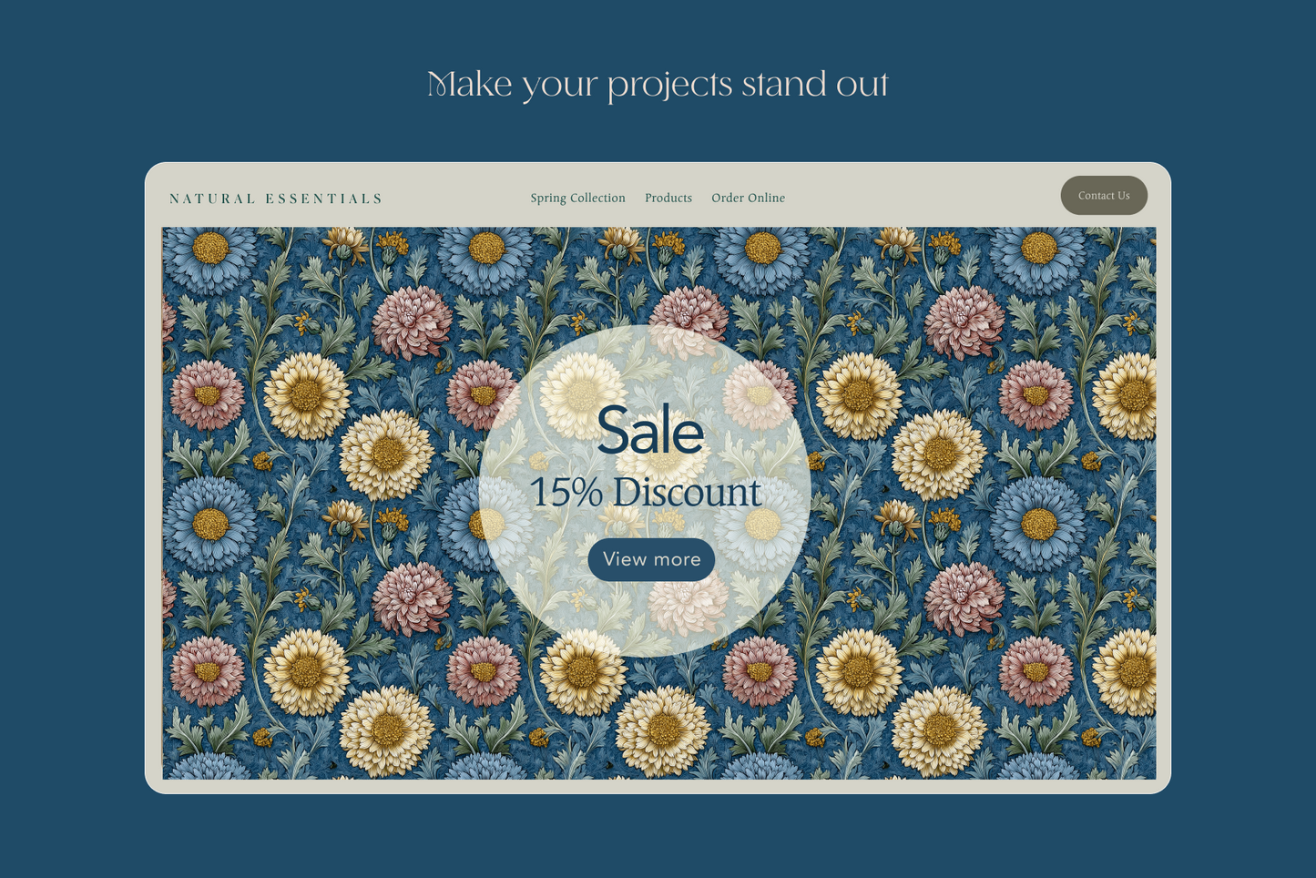 Floral patterned website interface with a sale discount offer on a blue background