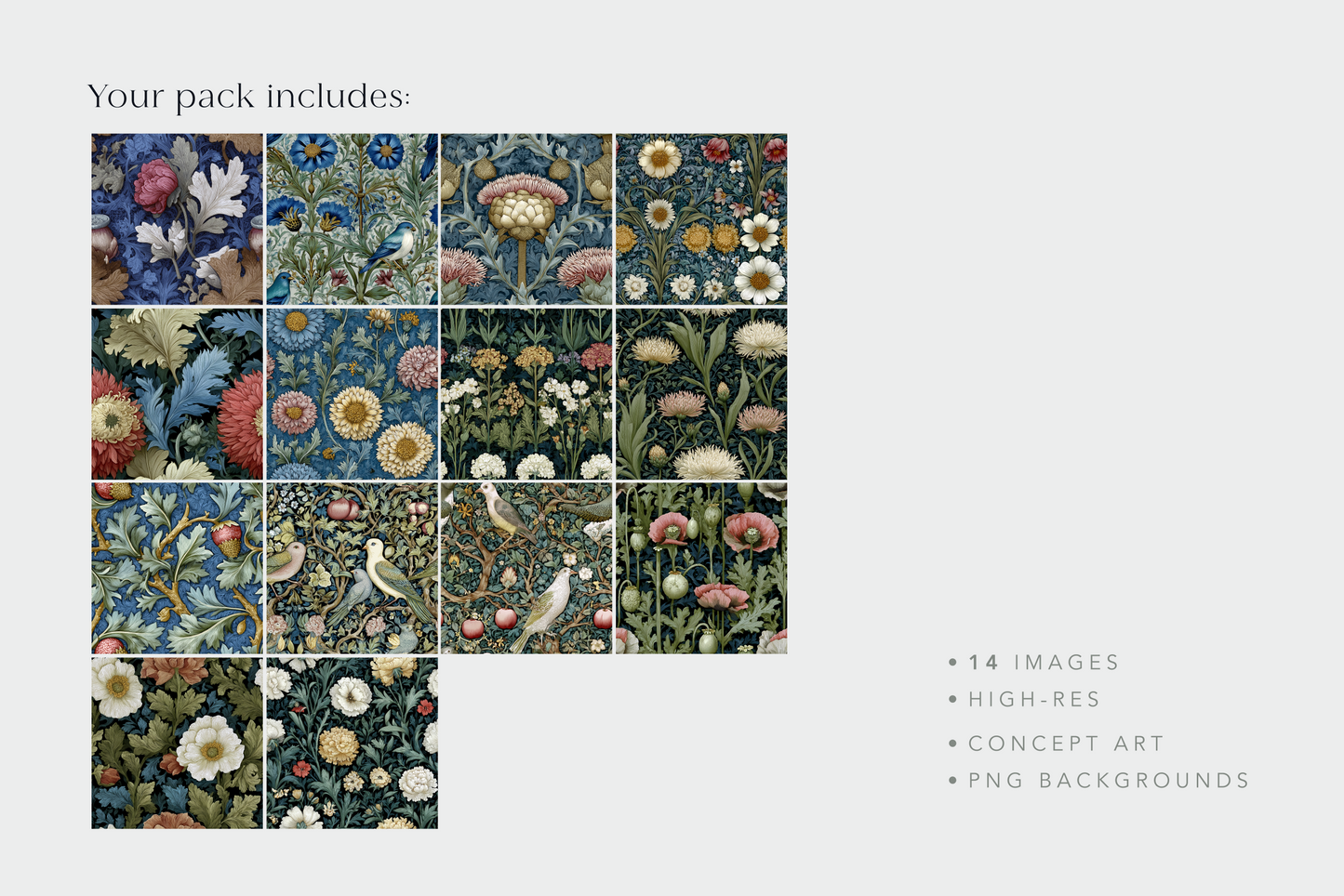 Collection of floral and nature-themed patterns with text indicating pack contents.