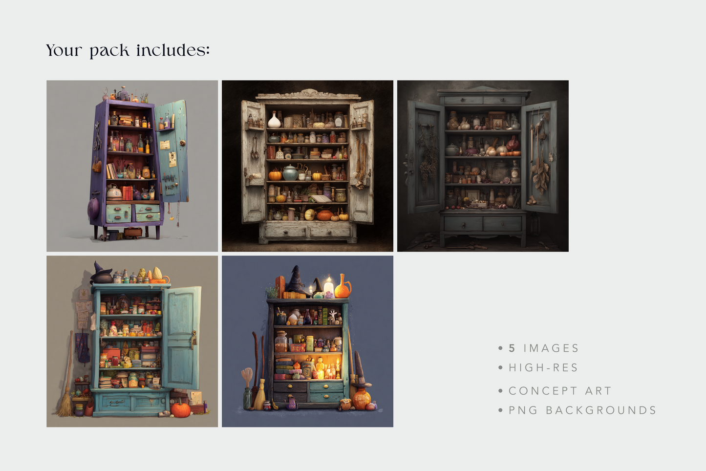 Set of five images of a decorated cabinet with various items on a light gray background.