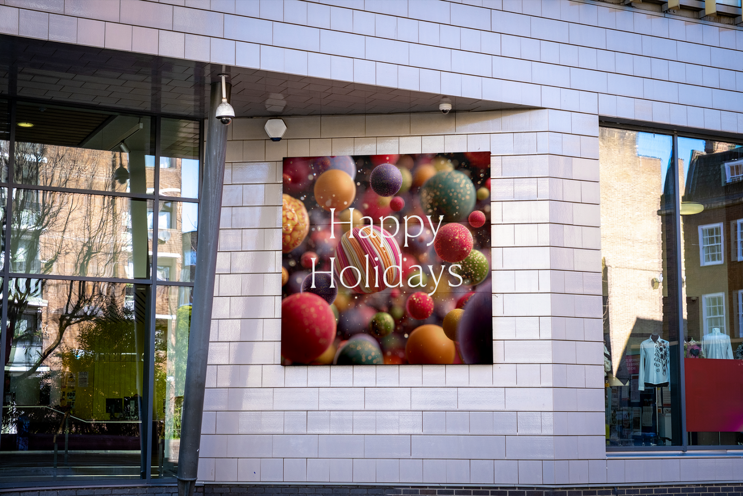 Decorative sign with colorful balloons and 'Happy Holidays' text on a building facade.