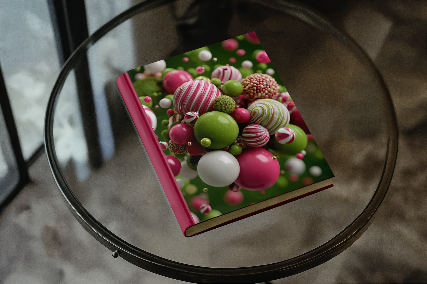 Colorful book with candy-themed design on a glass table