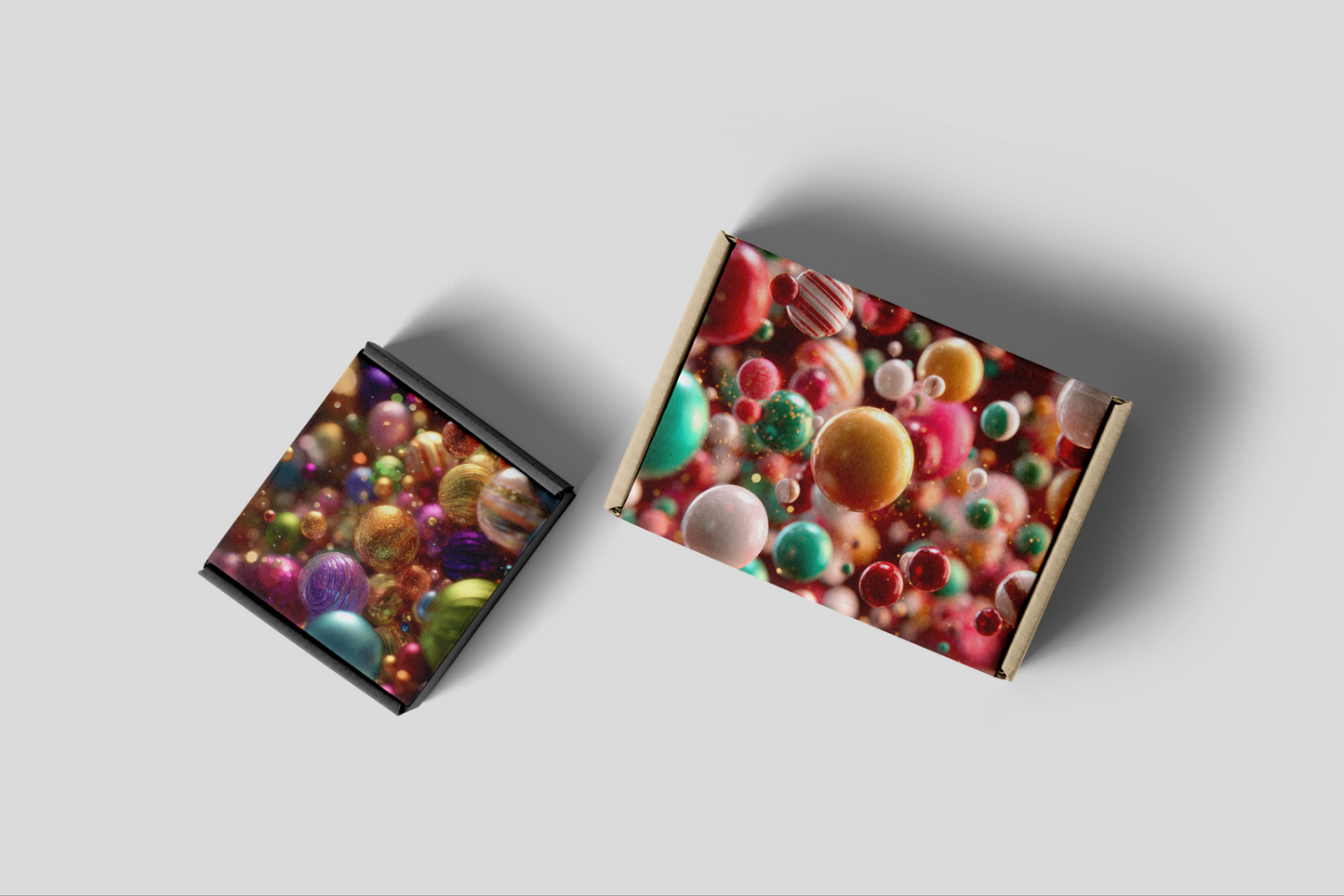 Two rectangular boxes with colorful ball pattern on a light gray background