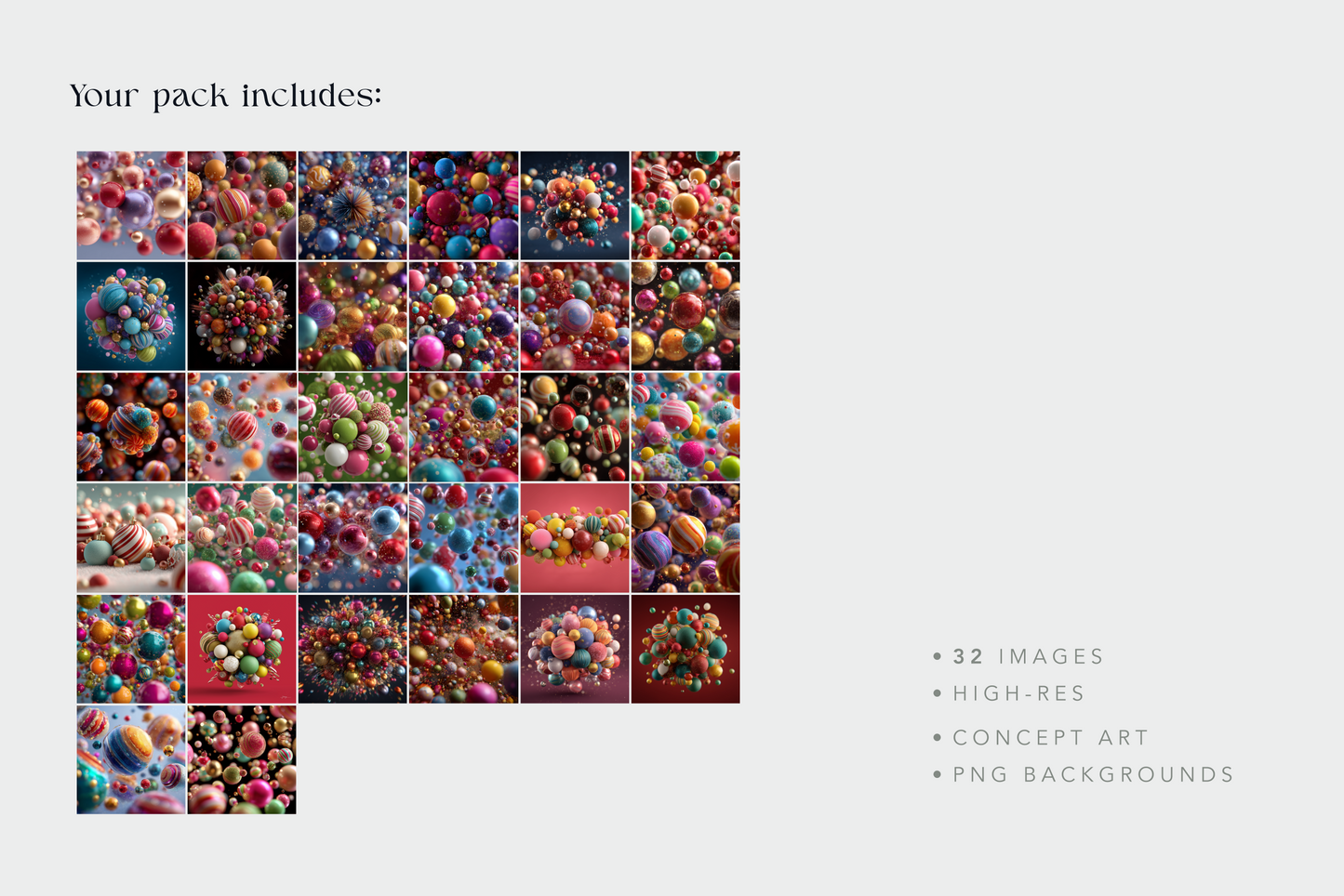 Grid of colorful abstract art pieces with text indicating package contents.