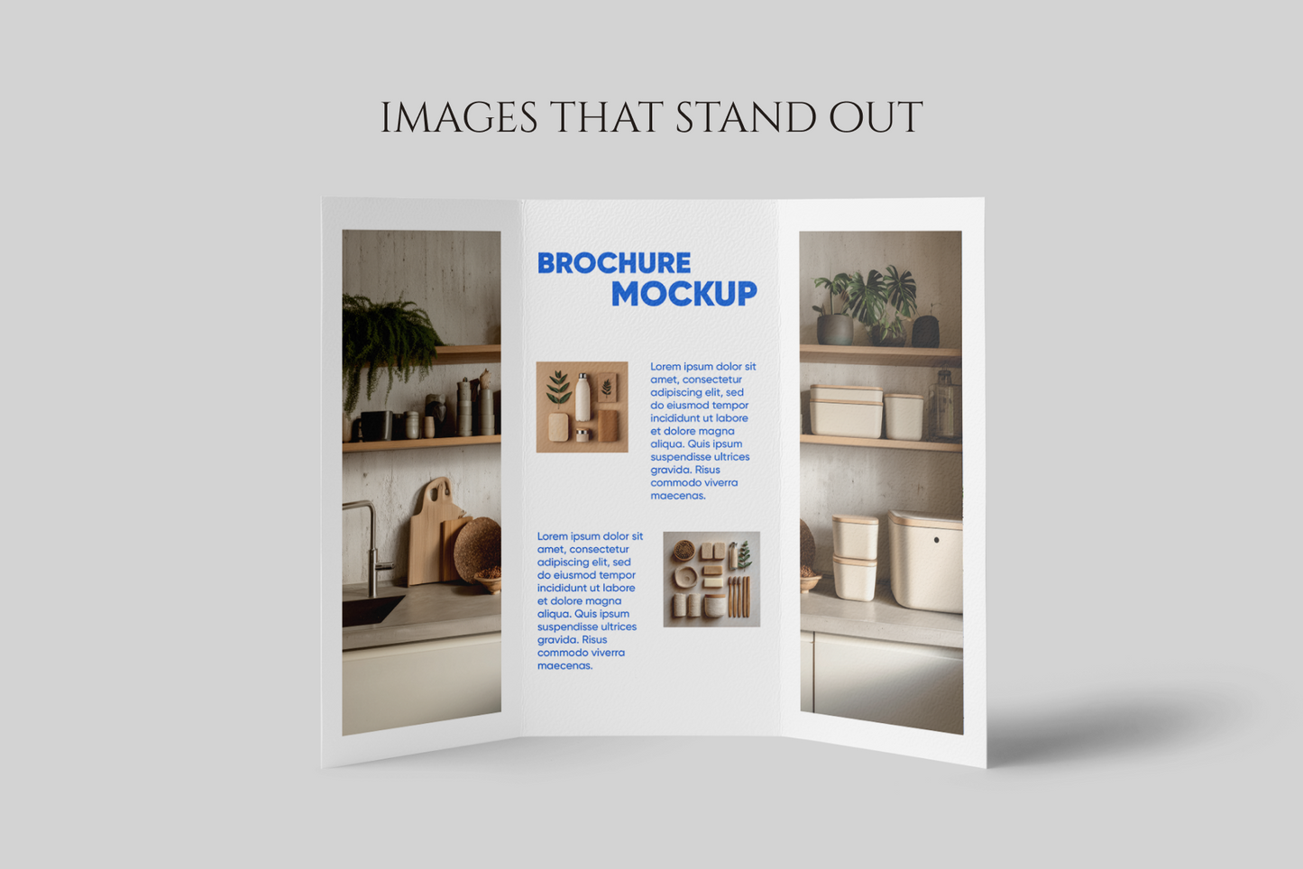 Open brochure mockup with interior design images on a gray background