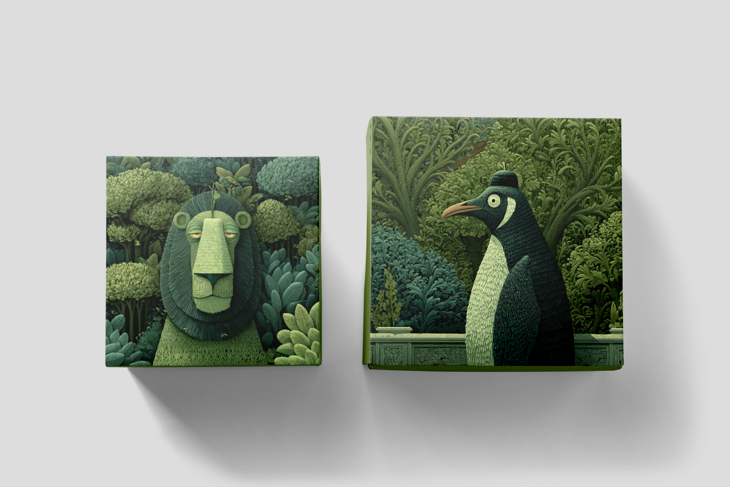 Two decorative boxes with animal designs on a white background