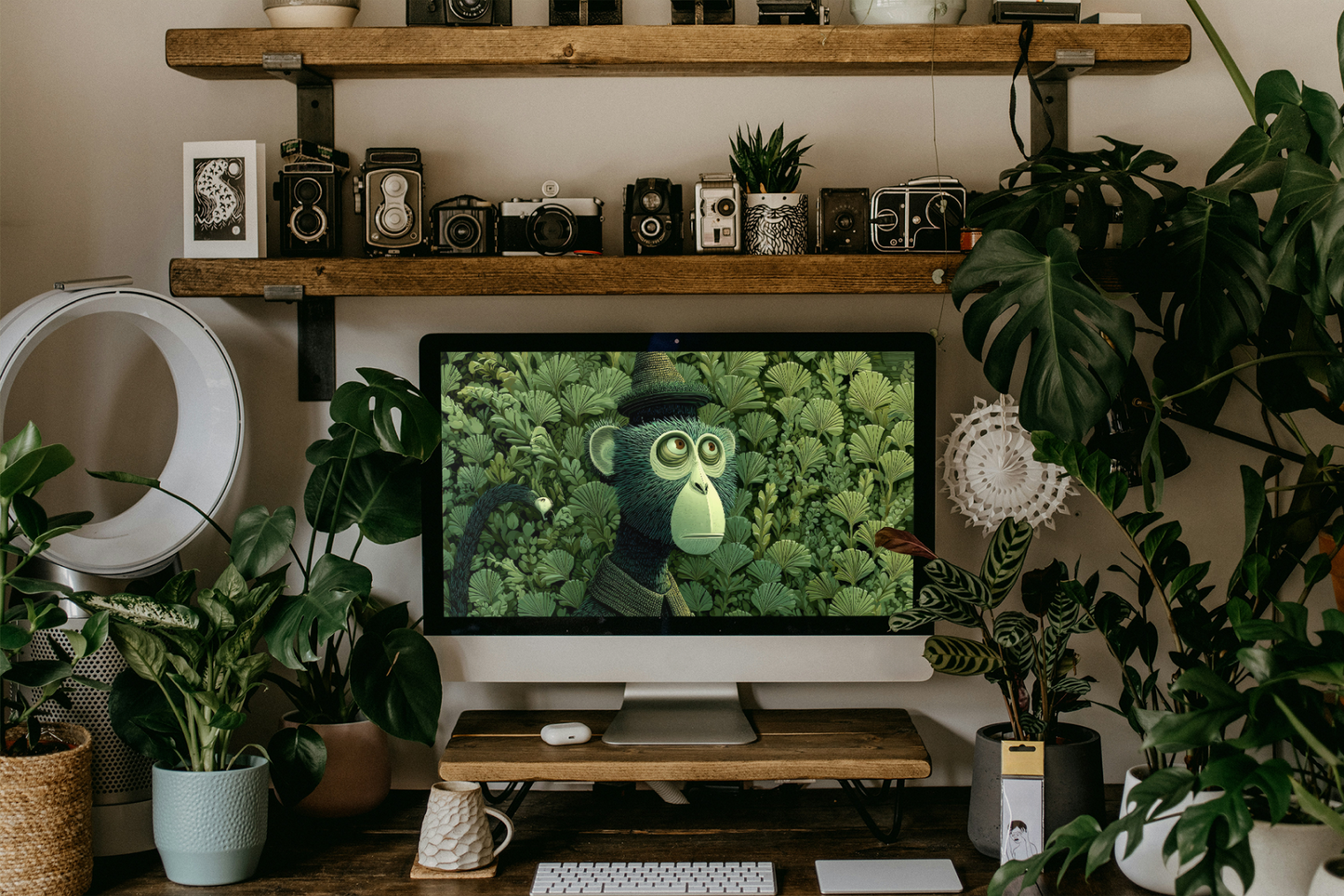 Computer monitor with a monkey on screen in a room with plants and shelves.