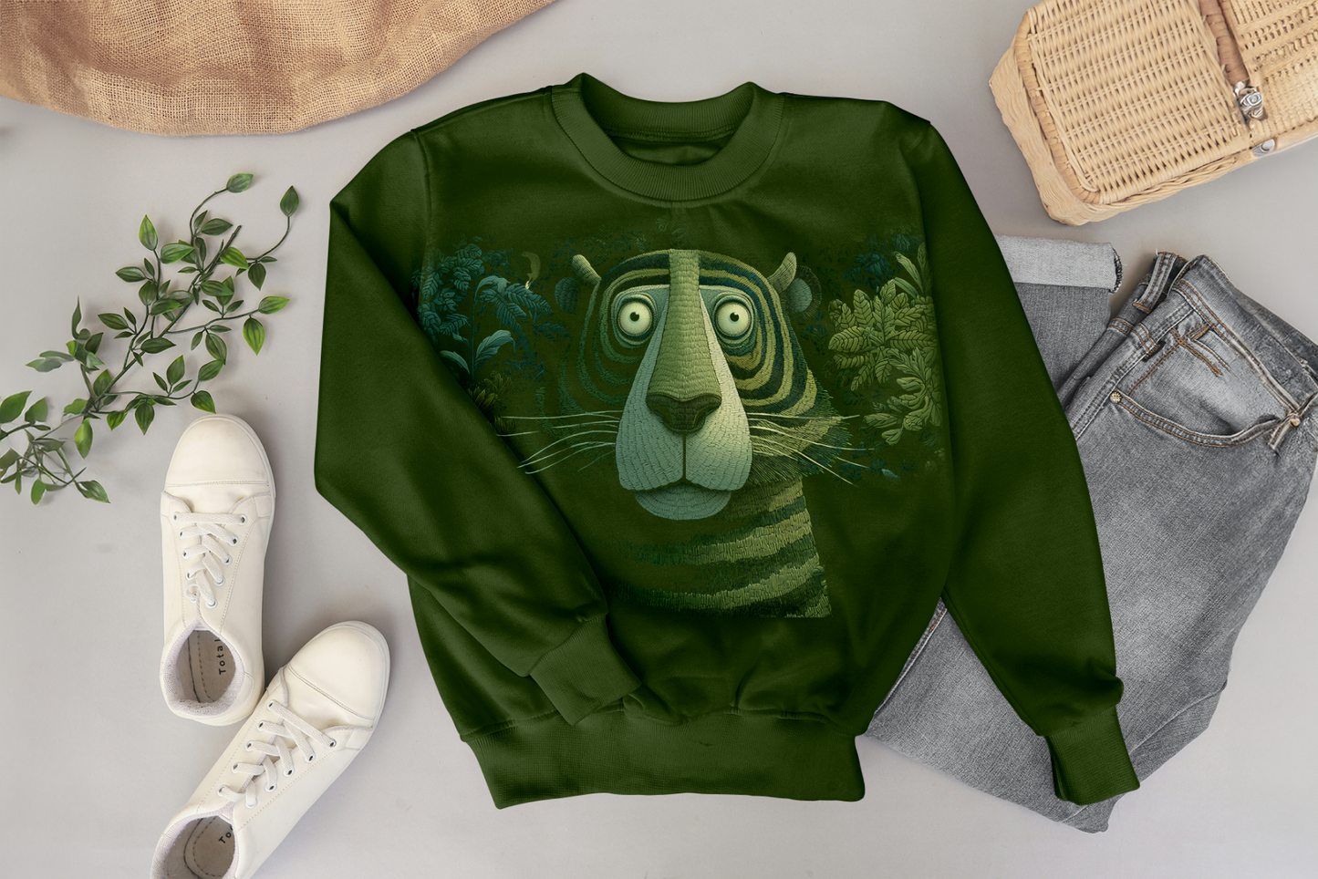 Green sweatshirt with a tiger design on a light gray surface with shoes and jeans.