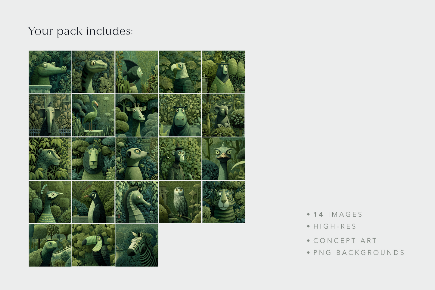 Grid of green creature illustrations with text indicating contents and formats.