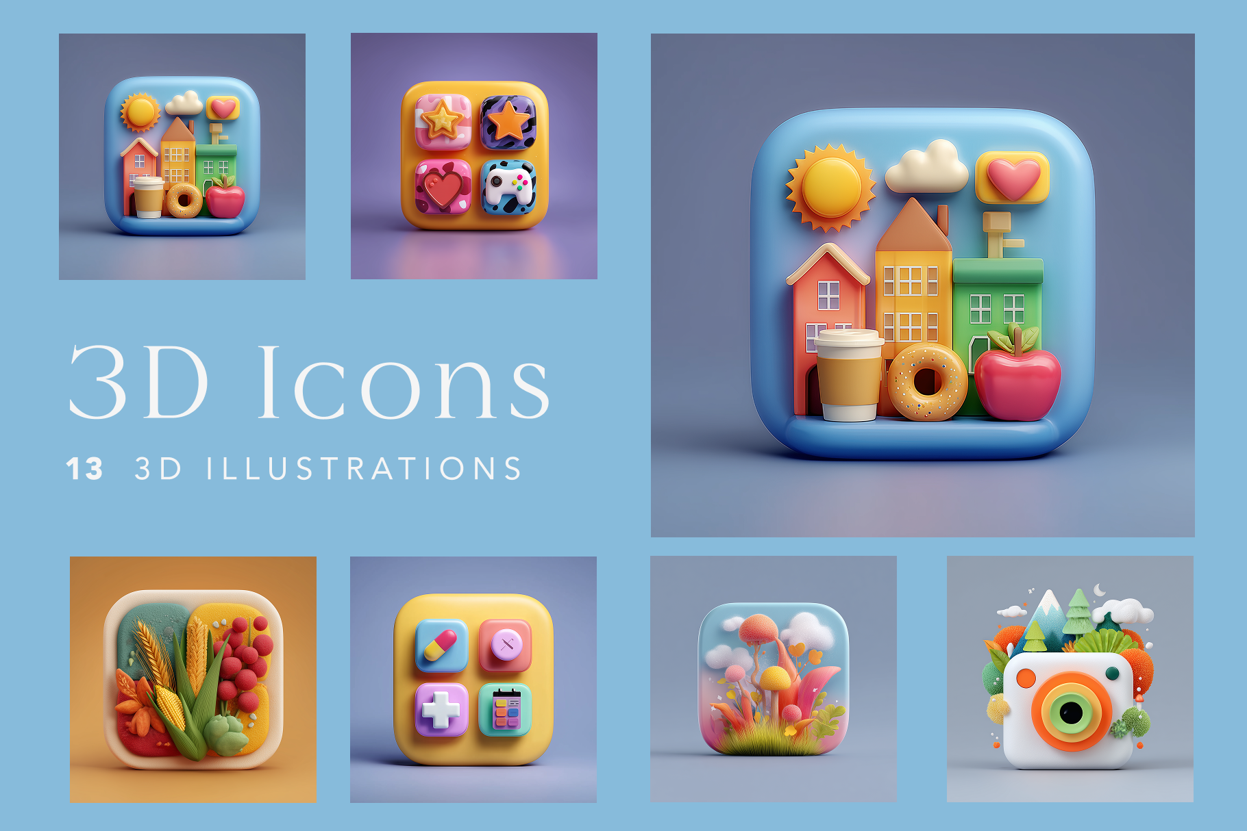 Collection of colorful 3D icons on a blue background with '3D Icons' text.