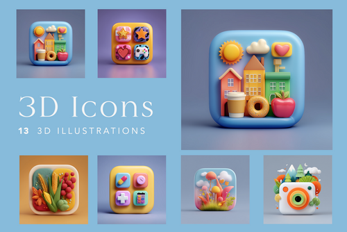 Collection of colorful 3D icons on a blue background with '3D Icons' text.
