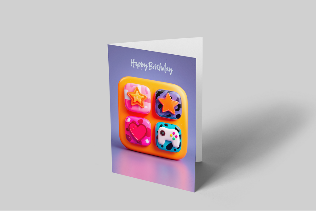 Colorful birthday card with star, heart, and circle designs on a gray background