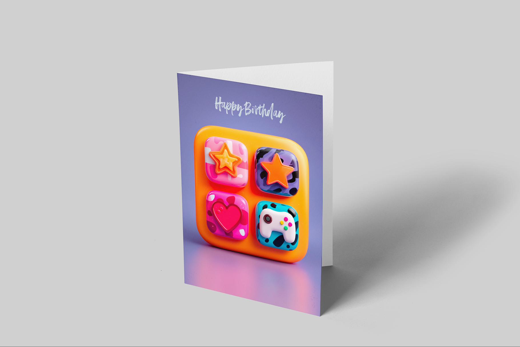 Colorful birthday card with star, heart, and circle designs on a gray background