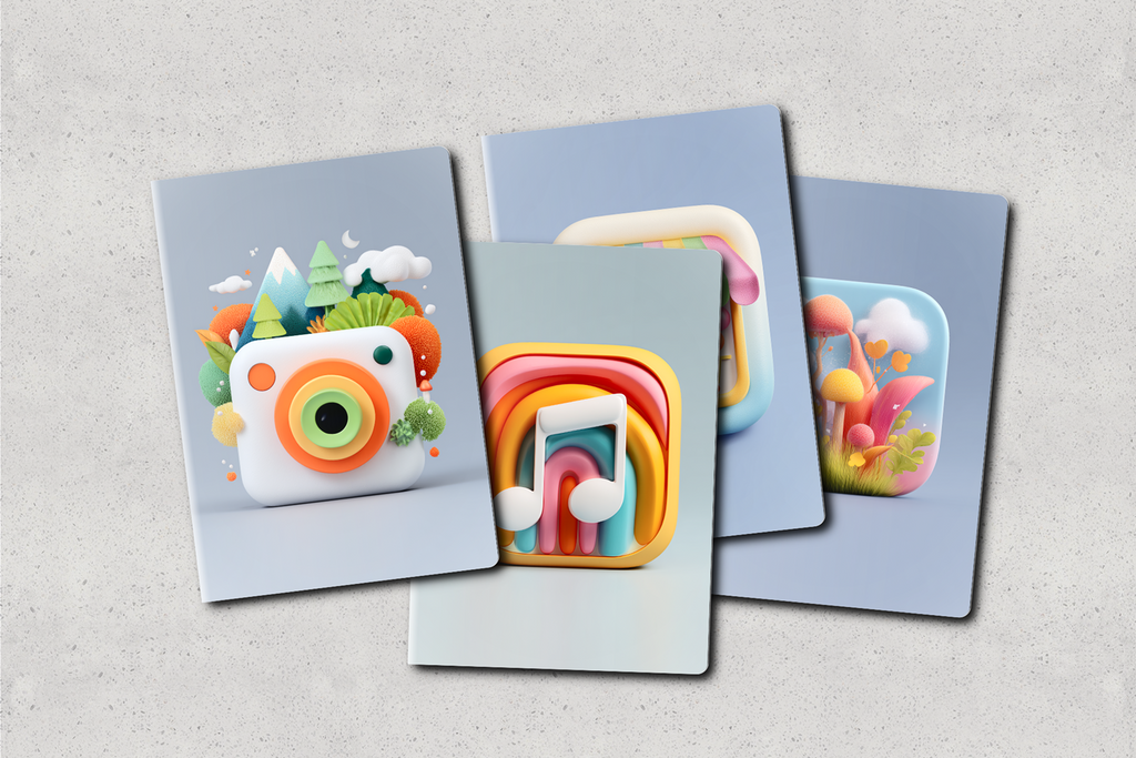 Four colorful greeting cards with camera and phone designs on a light gray background