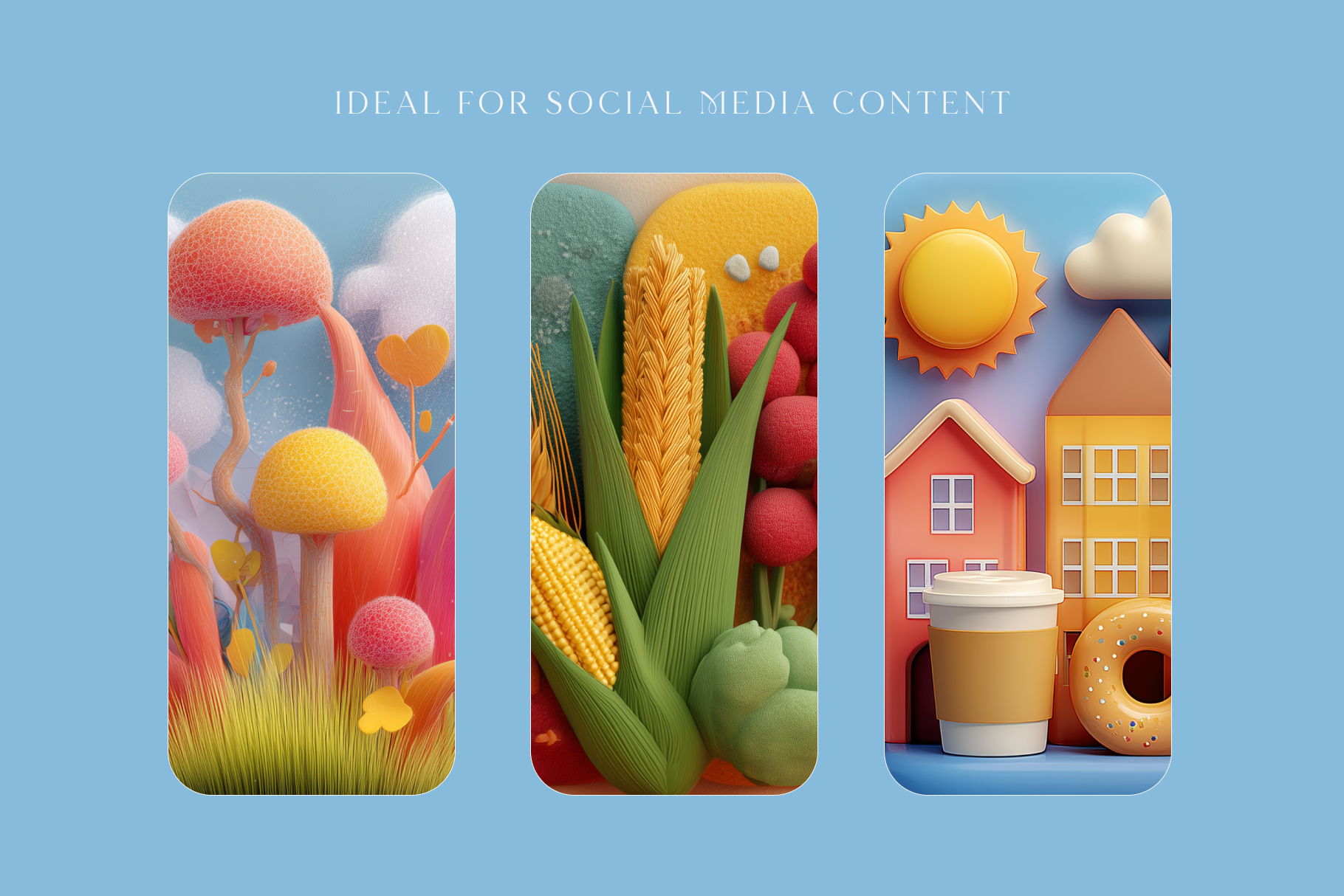 Three colorful phone case designs on a blue background with text 'Ideal for Social Media Content'.