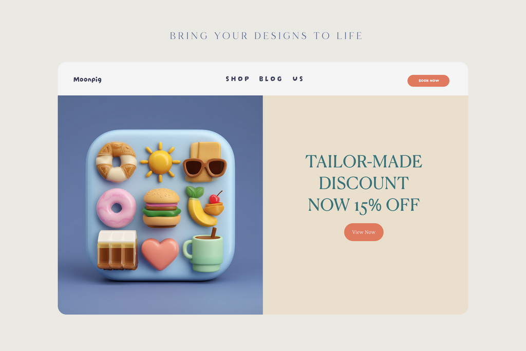 Website homepage with a promotional banner featuring food-themed icons and a discount offer.