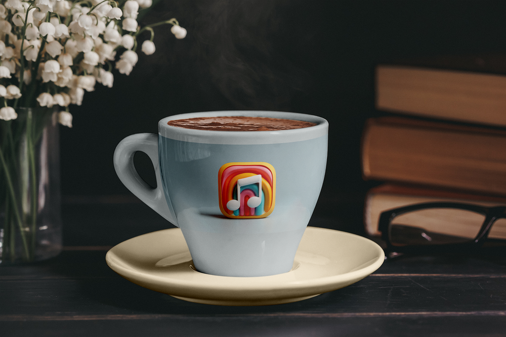 Cup of coffee with a colorful logo on a saucer, next to a vase of flowers and books.