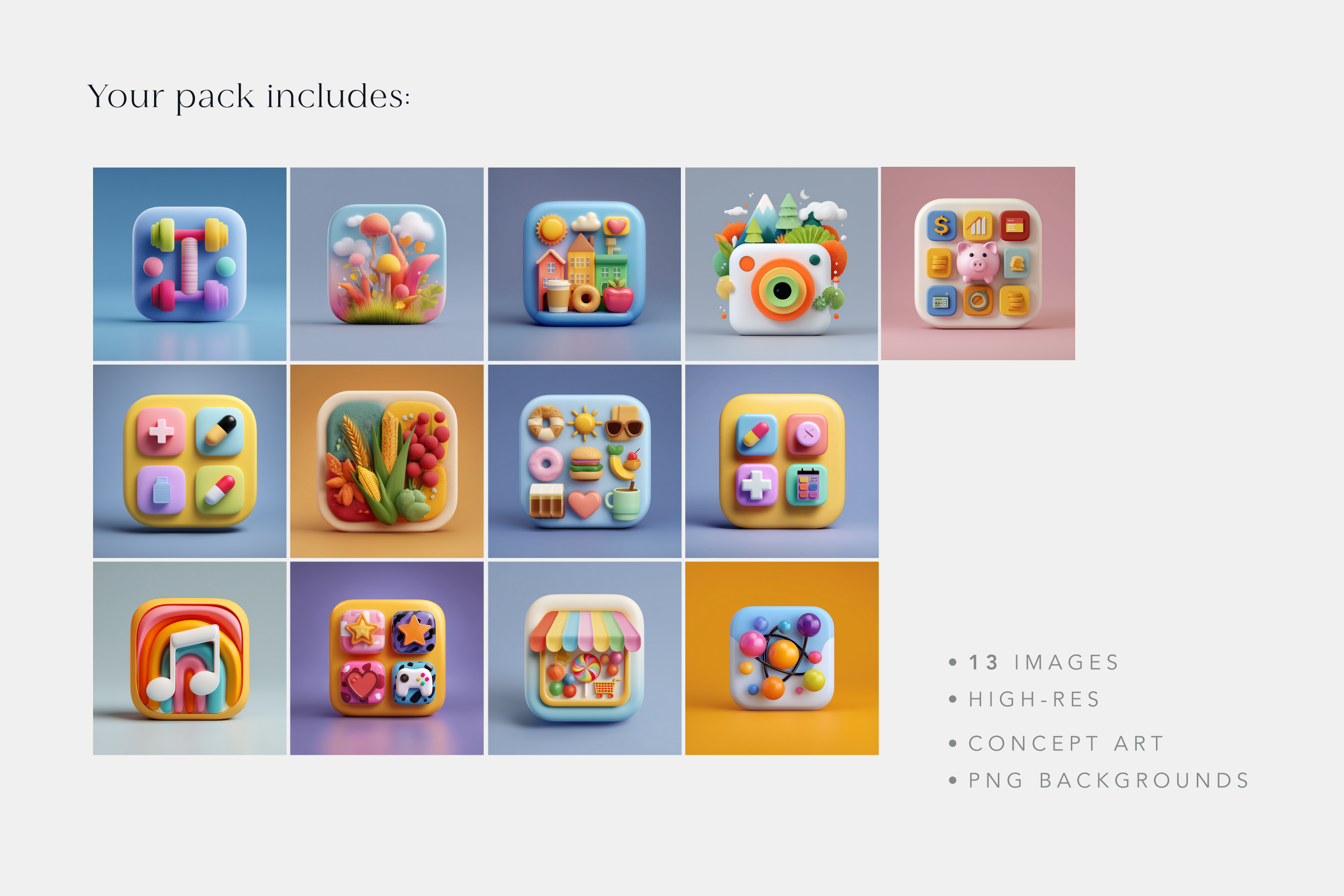 Collection of colorful app icons on a grid layout with product description text.