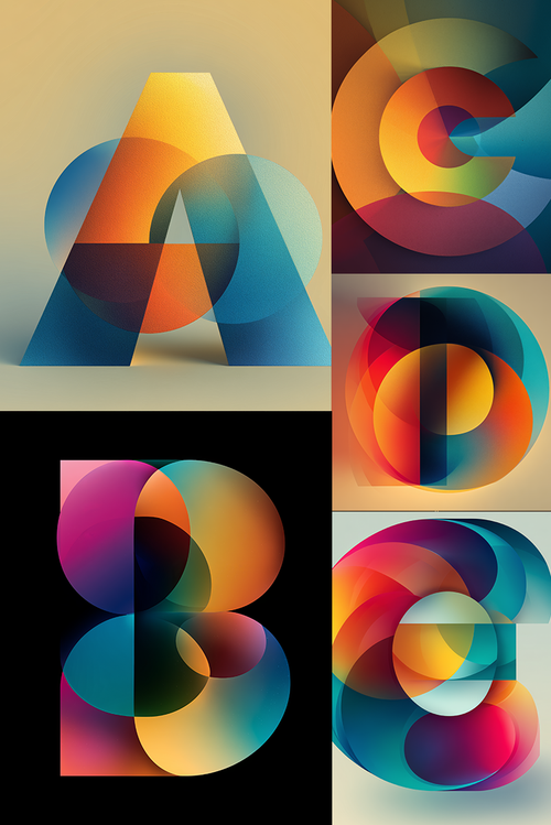 A 2x3 grid of colorful abstract letterforms and numerals, including stylized A, C, P, B, and 8 shapes in gradients of yellow, orange, blue, purple, and red on beige, black, and cream backgrounds.