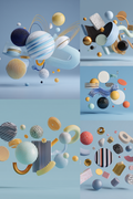 A collage of six abstract 3D floating scenes with geometric shapes, spheres, ribbed cylinders, and striped forms in pastel and bright tones against a light blue studio background.