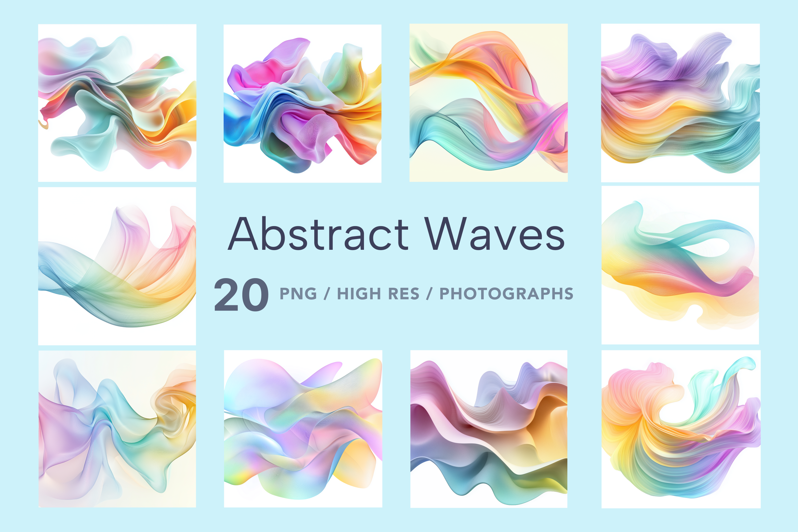 A collection of 20 abstract wave images in various colors intended for use as stock images in graphic design.