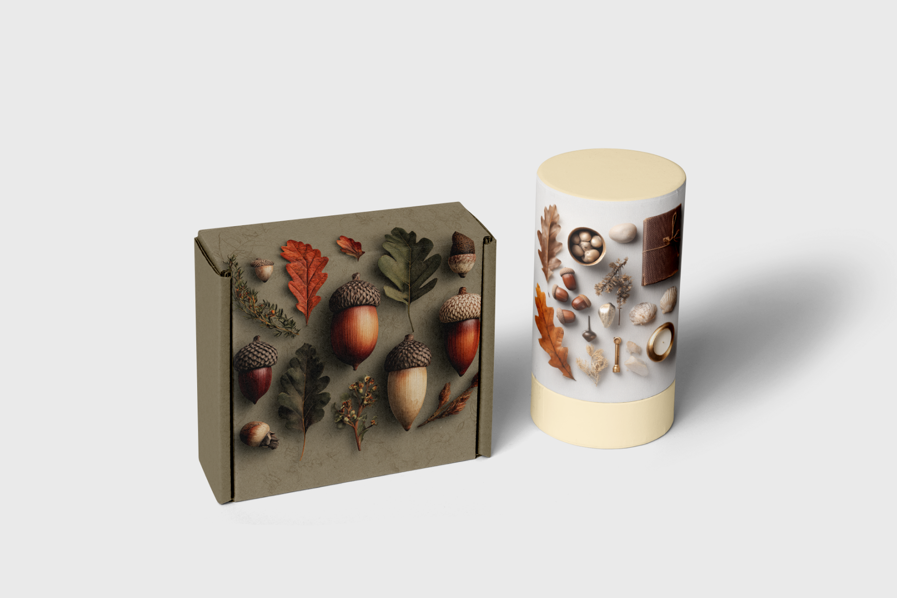 Candle with decorative packaging featuring acorns and leaves on a white background
