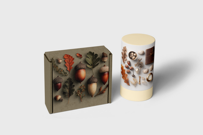 Candle with decorative packaging featuring acorns and leaves on a white background