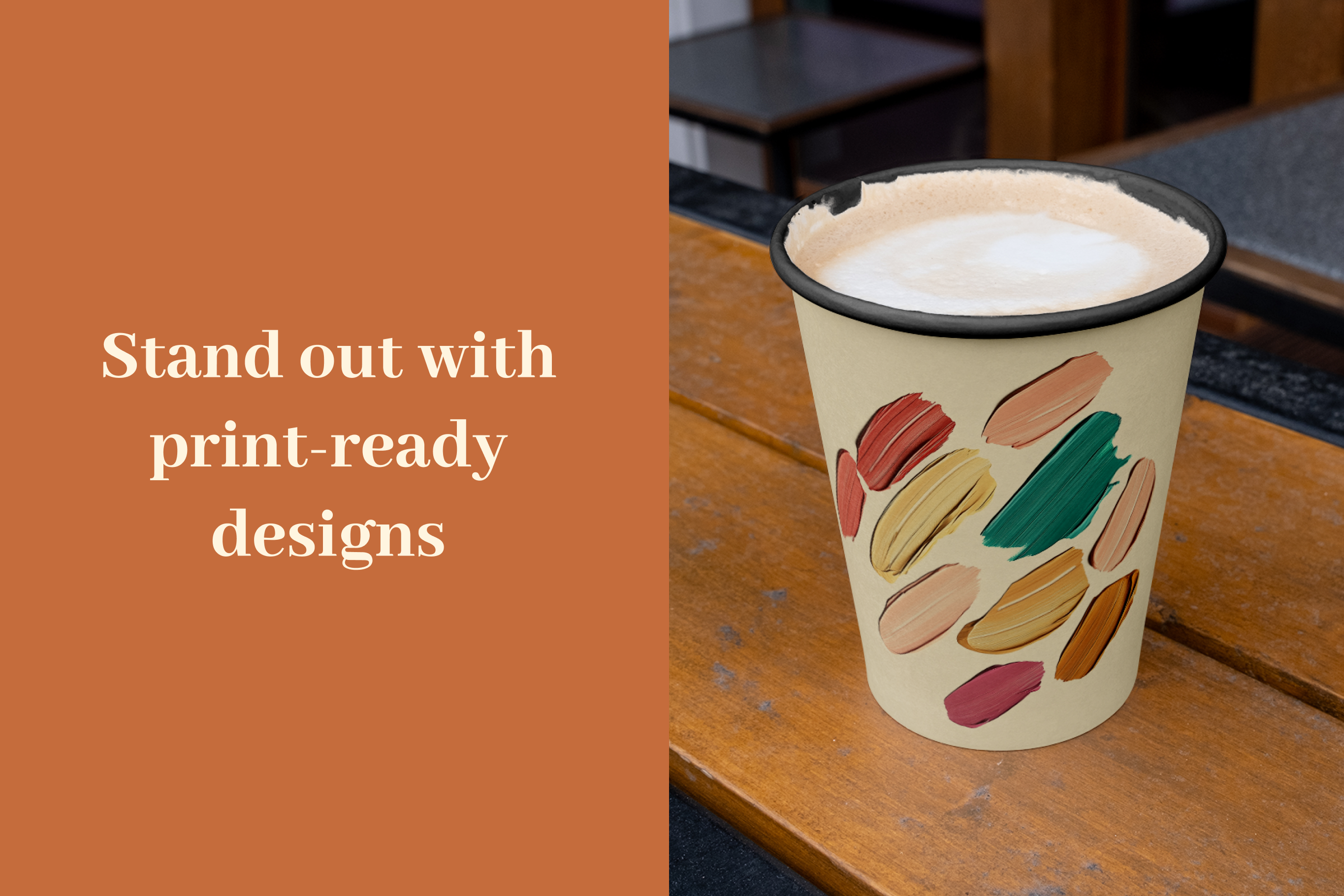 Coffee cup with colorful design on a wooden table