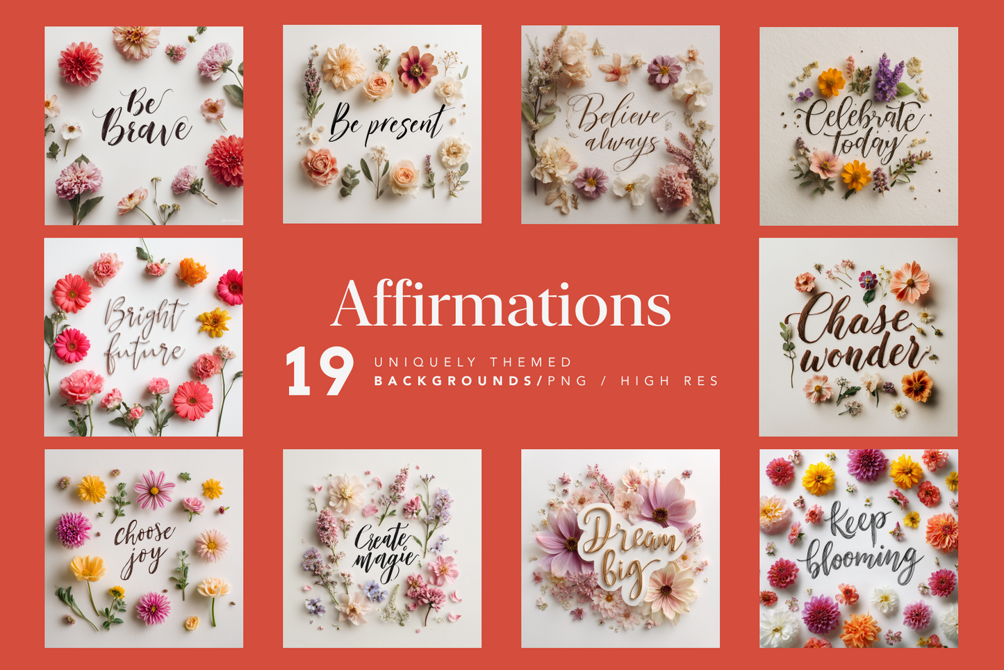 Collection of affirmations with floral designs on a red background